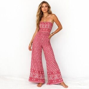 Free People Red Boho Smocked Halter Palazzo Jumpsuit – Sz S